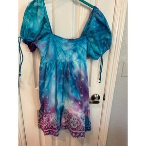 Sim & Sam Mini‎ Dress Blue Purple Tie Dye Embroidered Eyelet Puff Sleeve bin D